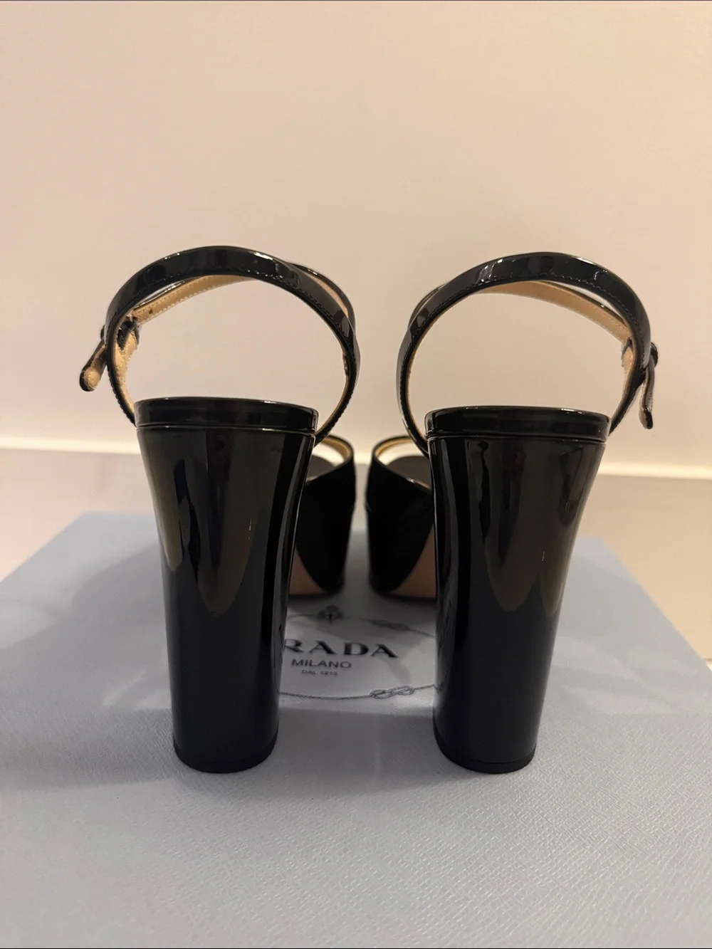 Prada Black Patent Platform Sandal Heels with Ankle Strap